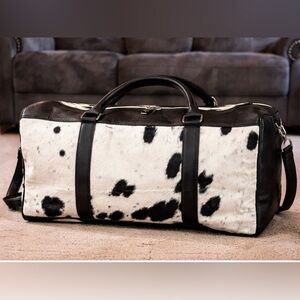 Genuine Cowhide weekender Bag- black and white hair on hide travel duffel bag